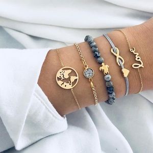 5 Pcs Gold & Blue Bracelet Set Turtle & World Map